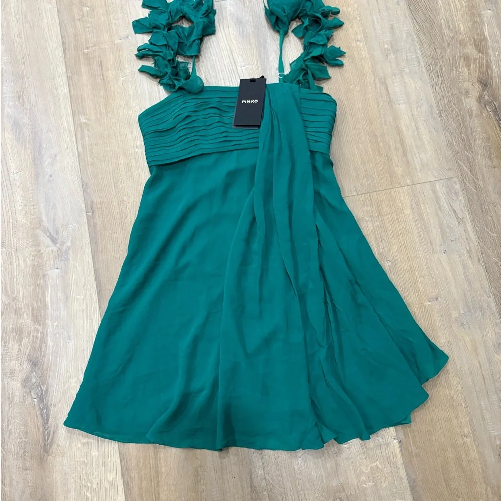 Pinko Turquoise Mini Dress with Ruffle Sleeves - Picture 3 of 7